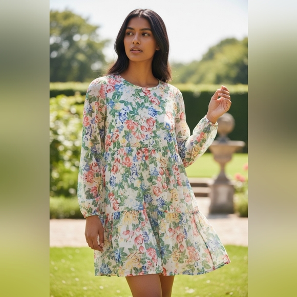 AFRM x Nordstrom Floral Mini Dress XS Mesh Long Sleeve Cottagecore Romantic - Picture 2 of 6